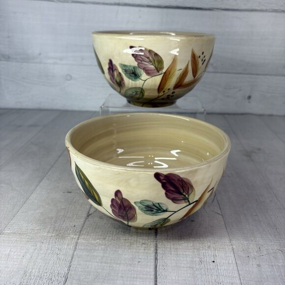 Home Trends SHADOWWOOD Tan Stoneware Leaves Flowers Large All Purpose Bowl Set 2 - Picture 2 of 16
